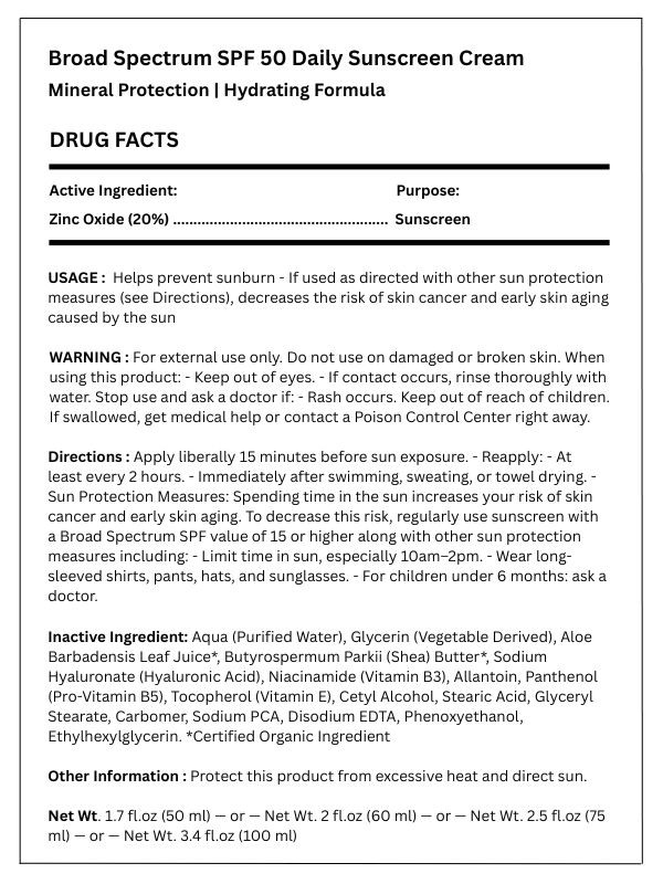 Broad Spectrum SPF 50 Daily Sunscreen Cream - Zinc Oxide Formula | Organic Botanicals | All Skin Types | Face & Body - Image 6